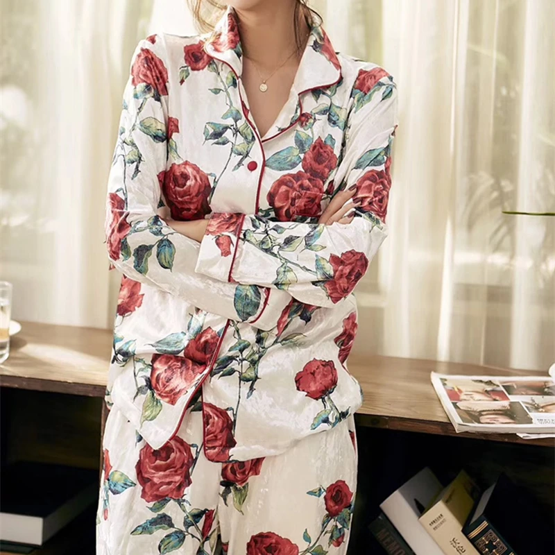 Fashion Pajamas Rose print Pajamas Set Lady Long Pants Pajamas Women