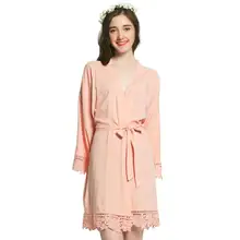 Свадебное однотонное хлопковое кимоно для невесты, халаты с кружевной отделкой, женское свадебное платье, короткий пояс, домашний халат банный Халат