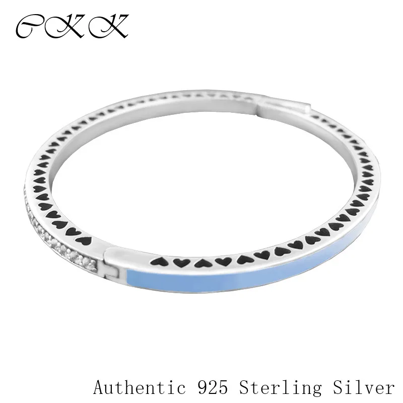 

Blue Bangle Silver 925 Jewelry Radiant Hearts Bangle Bracelet for Women 100% 925 Sterling Silver Fit Charm Beads DIY SLB036