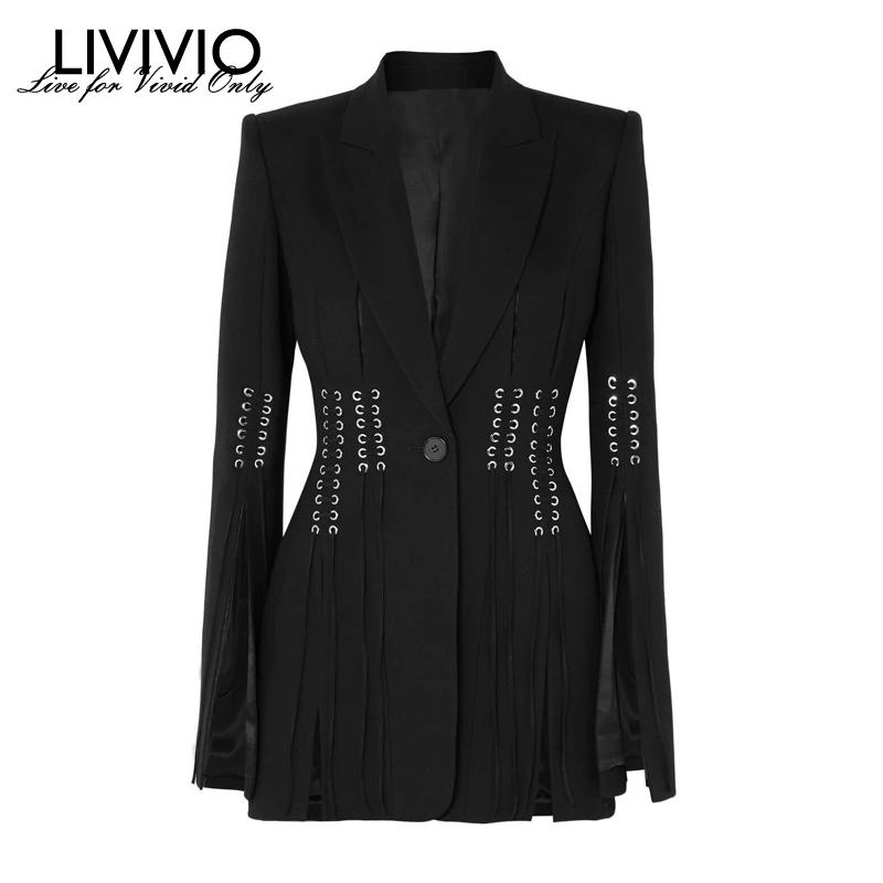 [LIVIVIO] уличная туника, на шнуровке, с талией, с длинным рукавом, черный, с зубчатым воротником, Блейзер, Женское пальто, осень, женская модная одежда