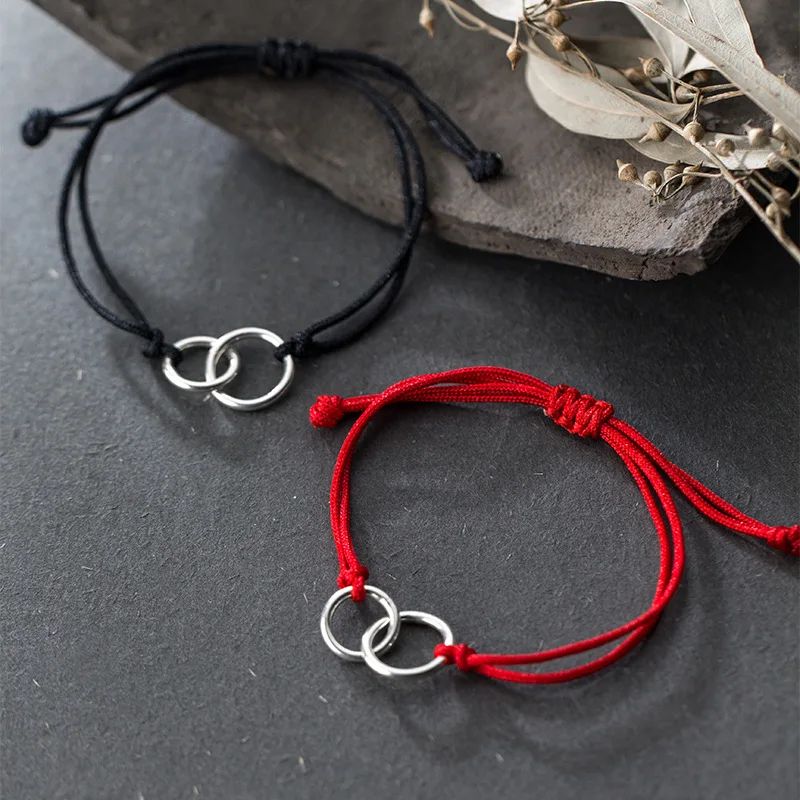 La MaxZa 925 Sterling Silver Double Circle Fashion Couple Bracelets Red Black Line Thread String Rope Bracelets For Women