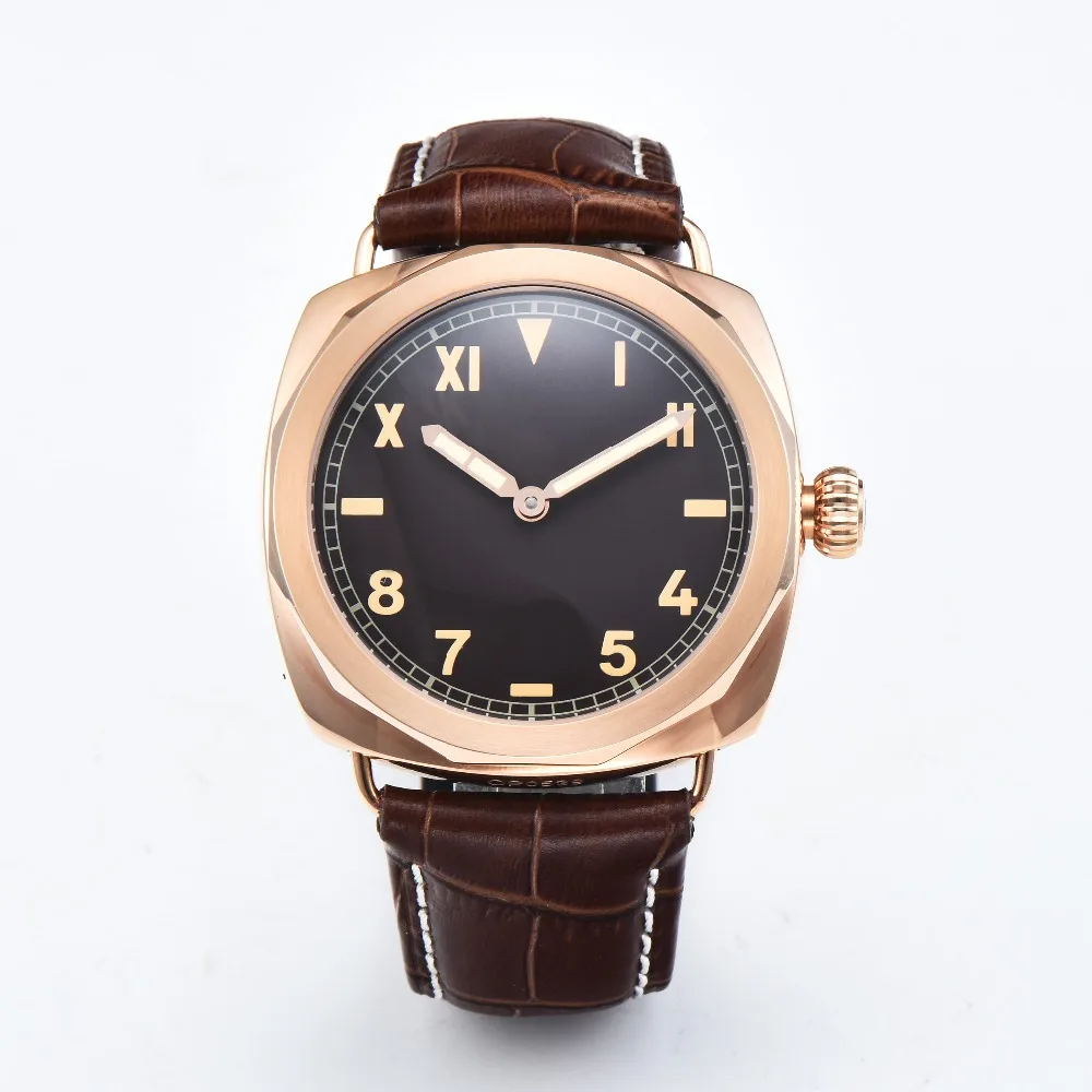 

Parnis 47 mm Movement Black Dial carving military Mechanical gold case Leather hand winding 6497 Watch