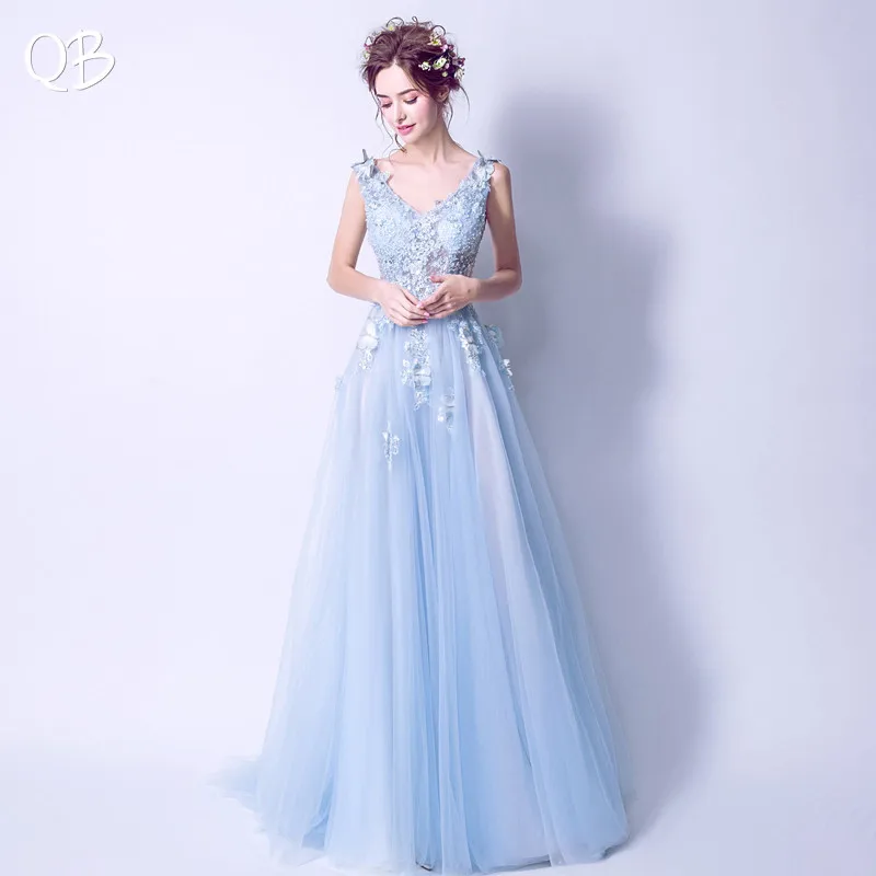 Blue A-line Tulle Lace Beading Flowers Sequins Elegant Formal Evening Dresses Bride Banquet Party Prom Dress XK98 blue ball gown Evening Dresses