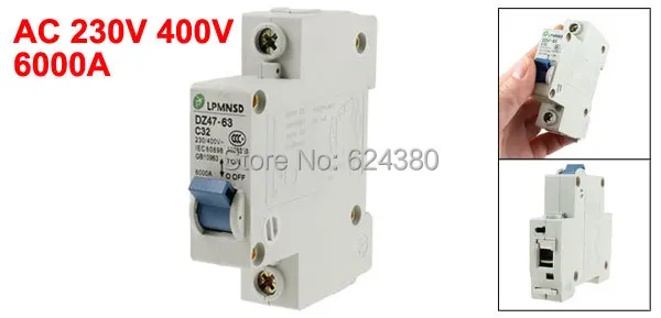 

AC 230V / 400V 32A 1 Pole MCB Miniature Circuit Breaker DIN Rail Overload Protection DZ47-63 C32