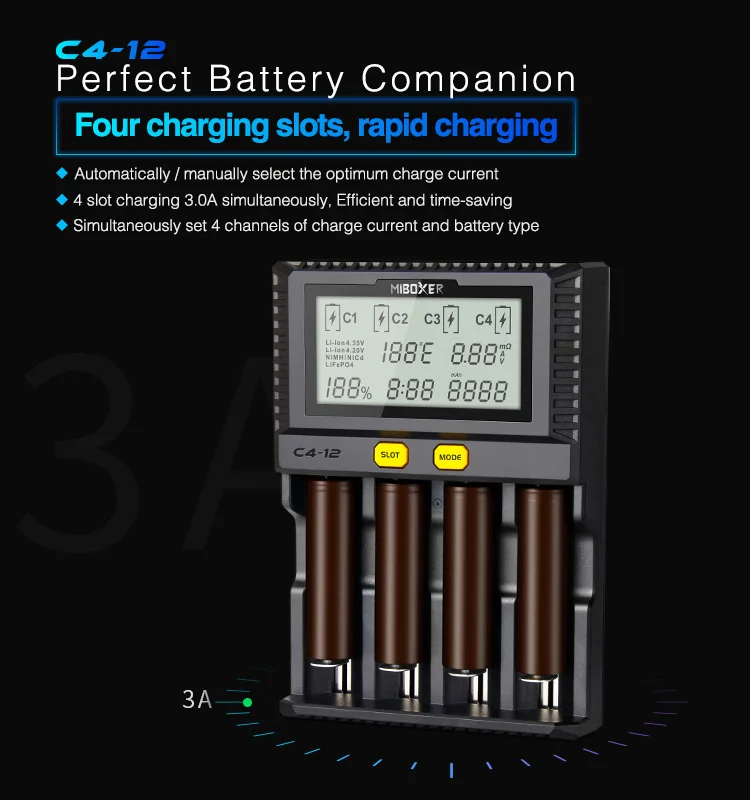 MiBOXER C4 C4-12 C8 Батарея Зарядное устройство 4 слота ЖК-дисплей Дисплей для батарей Li-Ion(литий-ионных) LiFePO4 Ni-Cd AA 21700 20700 26650 18650 RCR123 18700