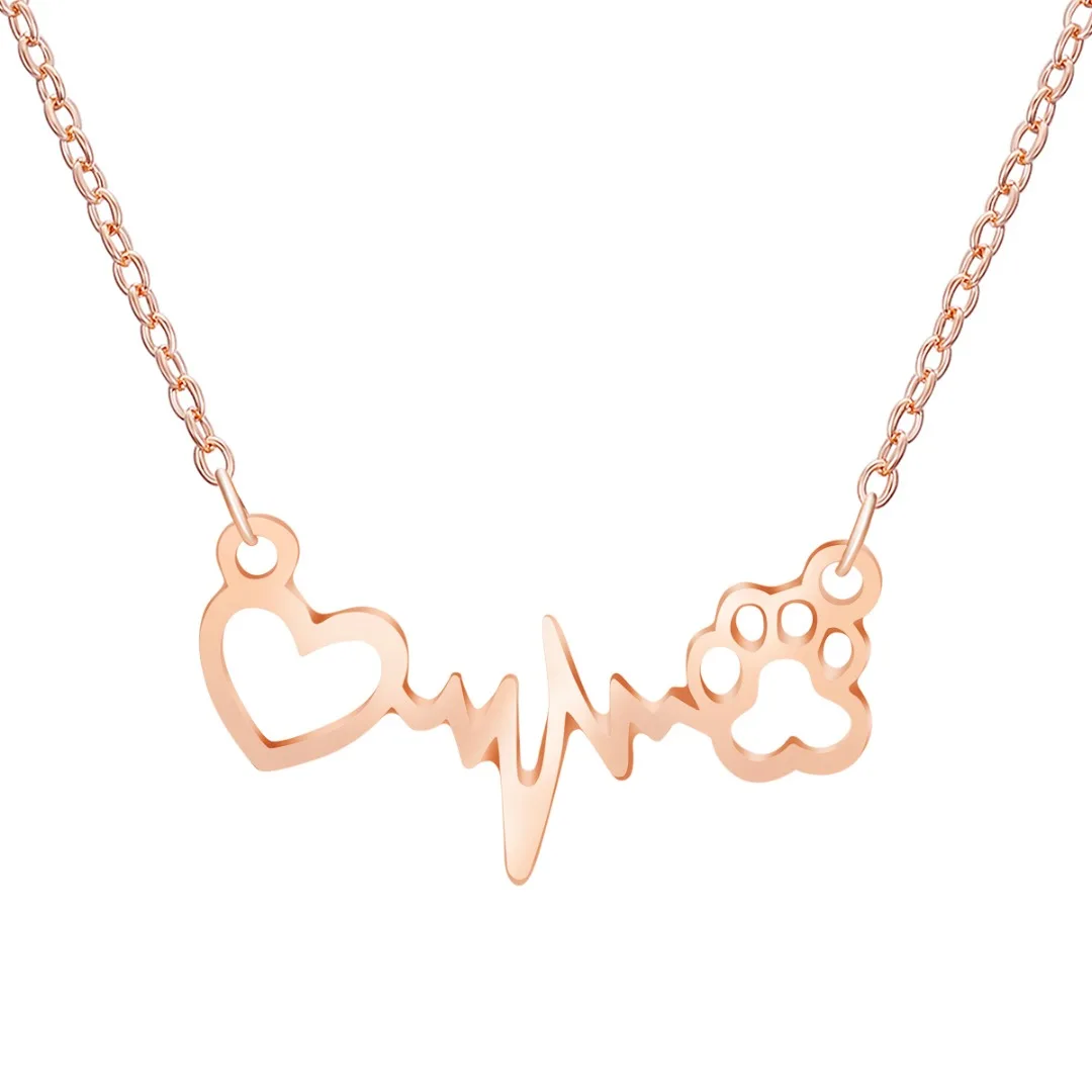 Trendy Cat Dog Paw Heart Heartbeat Electrocardiogram Pendant Necklace Elegant Chain Lovely Animal Jewelry Gifts For Women