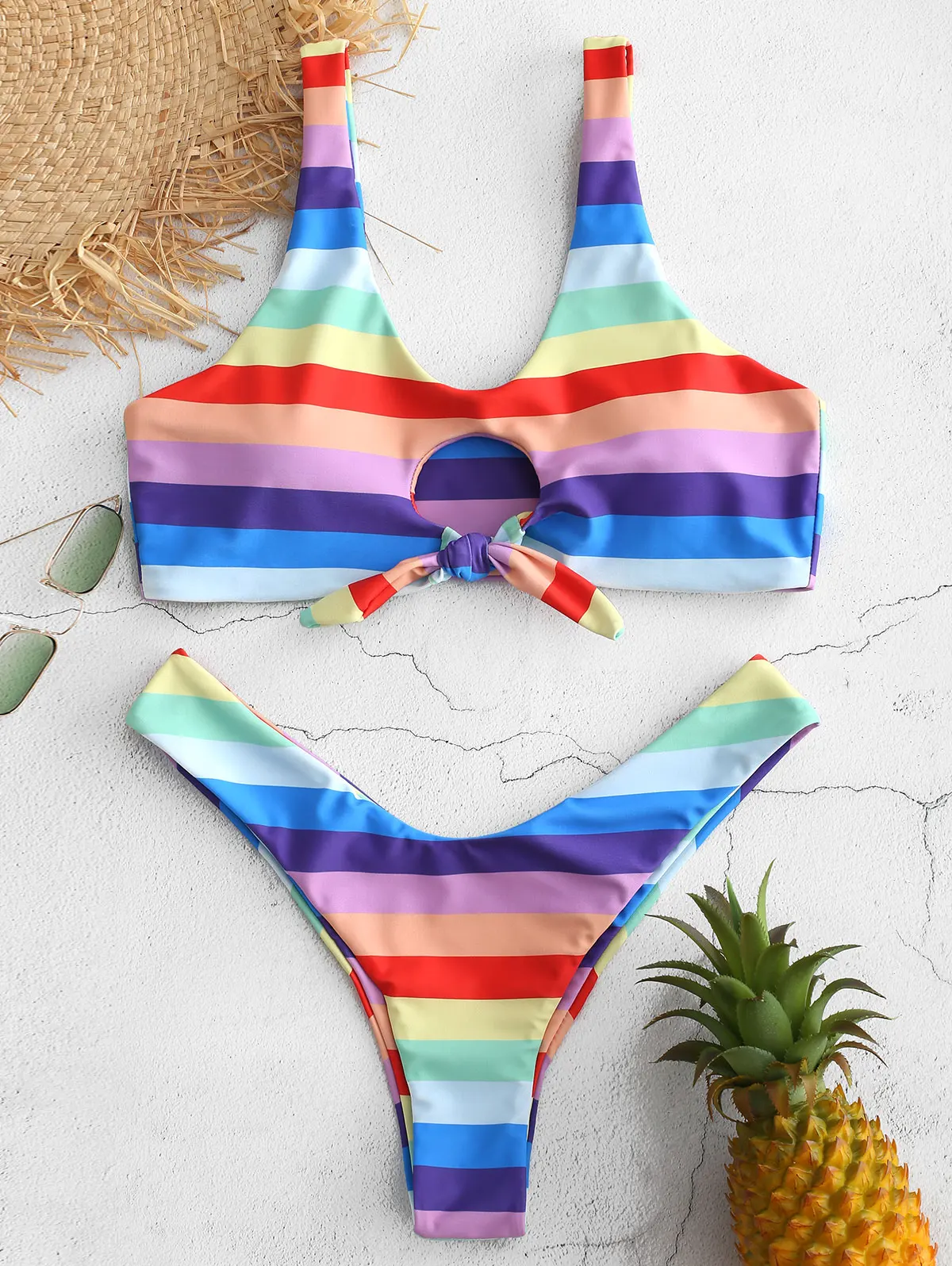

ZAFUL Plant Print Tie Front Bikini Set Bandeau Biquini Bandage Bathing Suit Female Low Waist Swimsuit Front Tie Bow Knot Bikinis