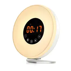 Световой будильник Пробуждение свет цифровые часы с 6 естественными звуками, fm-радио, 7 цветов ночник, легкий сенсорный контроль
