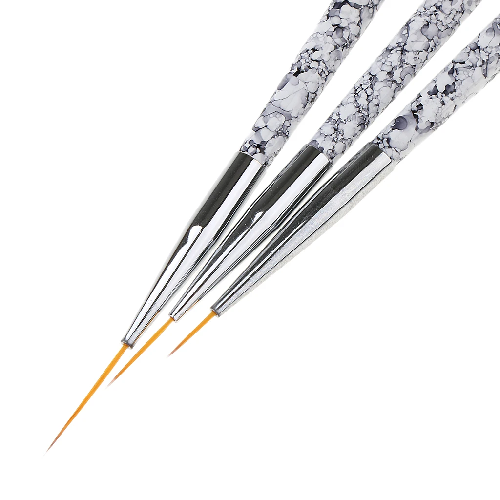 3Pcs Nail Art Liner Brush Pen Set (11/15/20mm) Marble Pattern Handle Salon Nail Fine Drawing Flower Painting Brushes