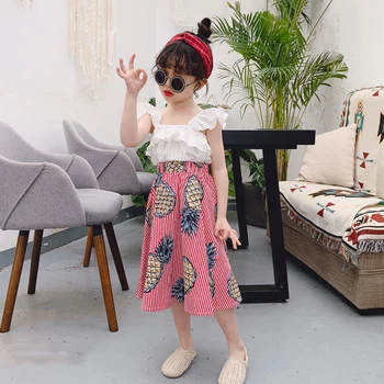 

Summer Girls Clothes 2019 New Fashion 2pcs Children Clothing Vest Solid Vest Pineapple Dress Kids Holiday Suits for Girl