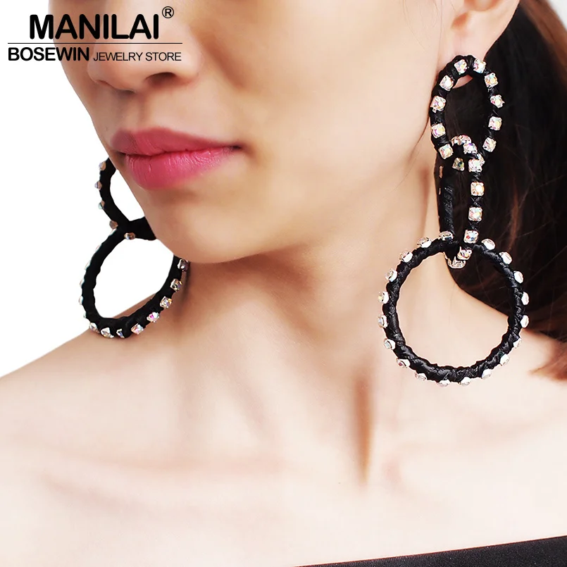 MANILAI Trend Big Circular Crystal Dangle Earrings Fashion Charm Silk Thread Wrap Alloy Statement Earrings For Women Jewelry