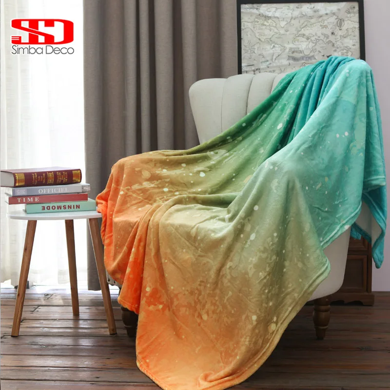 

Gradient Blue Flannel Throw Blankets on Sofa Super Soft and Warm Fur Covers Light Orange Plush Bedspreads Kids Adult Bed Quilts