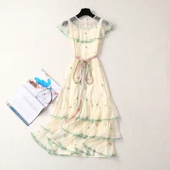 

HIGH QUALITY Newest Fashion 2020 Designer Runway Dress Women's Gauze Embroidery Cascading Ruffle Dress