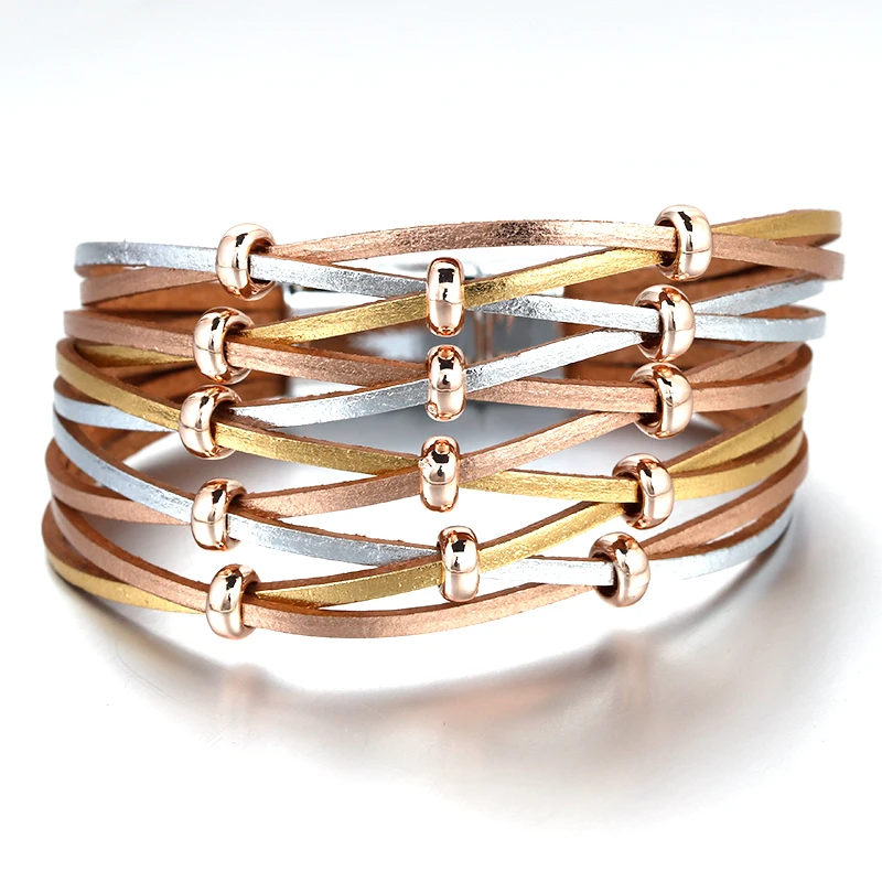 

ALLYES Metal Bead Boho Leather Bracelets For Women 2019 Fashion Ladies Bohemian Multilayer Wide Wrap Bracelet Female Jewelry