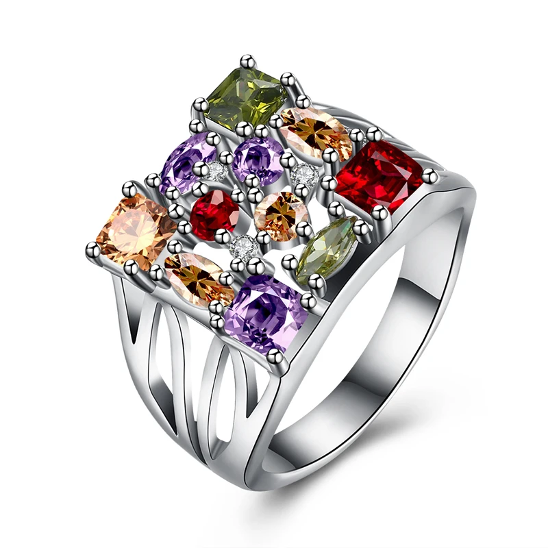 

JEXXI Hottest Black Gold Color Ring Square Shape Paved with Red Green Purple CZ Trendy Jewelry Wedding Engagement Rings