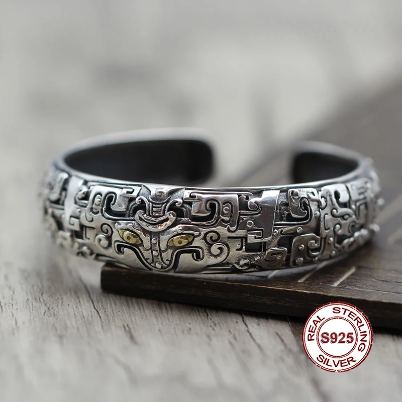 

S925 Sterling Silver Bangles Simple and generous retro Personality couple style Unique to create carved animal animal modeling