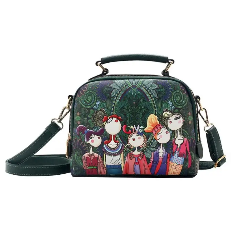 

2019 Designer Luxury Brand Retro High Quality Leather Ladies Green Cartoon Handbag Shoulder Messenger Bag Female Handbag bolsos