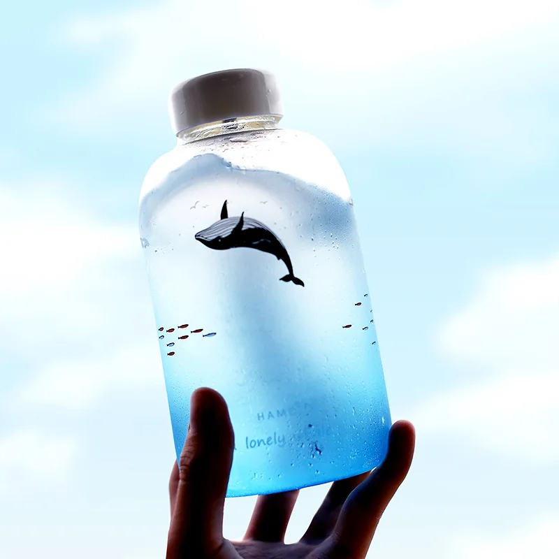 1162 25 De Réductionmotif De Baleine De Mer Fraîche Bouteille Deau En Verre à La Main Avec Sac De Rangement Bouteille De Glace Mignonne Bouteille