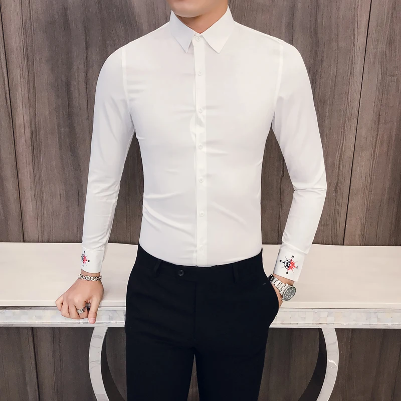 

Fashion 2019 Men Shirt Brand New Slim Fit Embroidery Shirt Dress Streetwear Long Sleeve Shirt Men Casual Night Club Prom Tuxedo