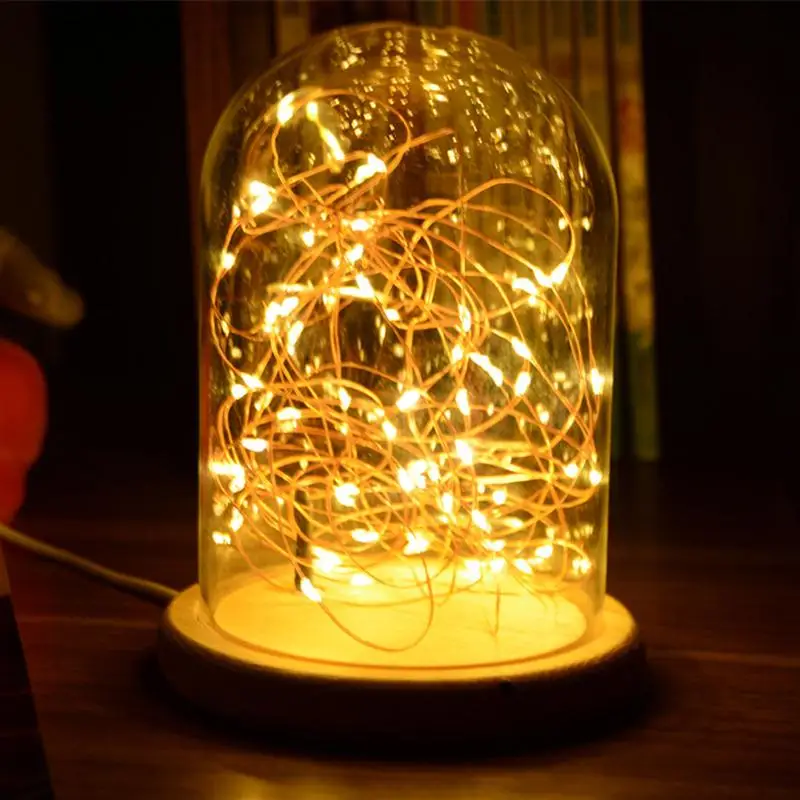 Warm Fairy Starry String Lights Glass Dome Night Light Bell Jar Display Wooden Base LED Light