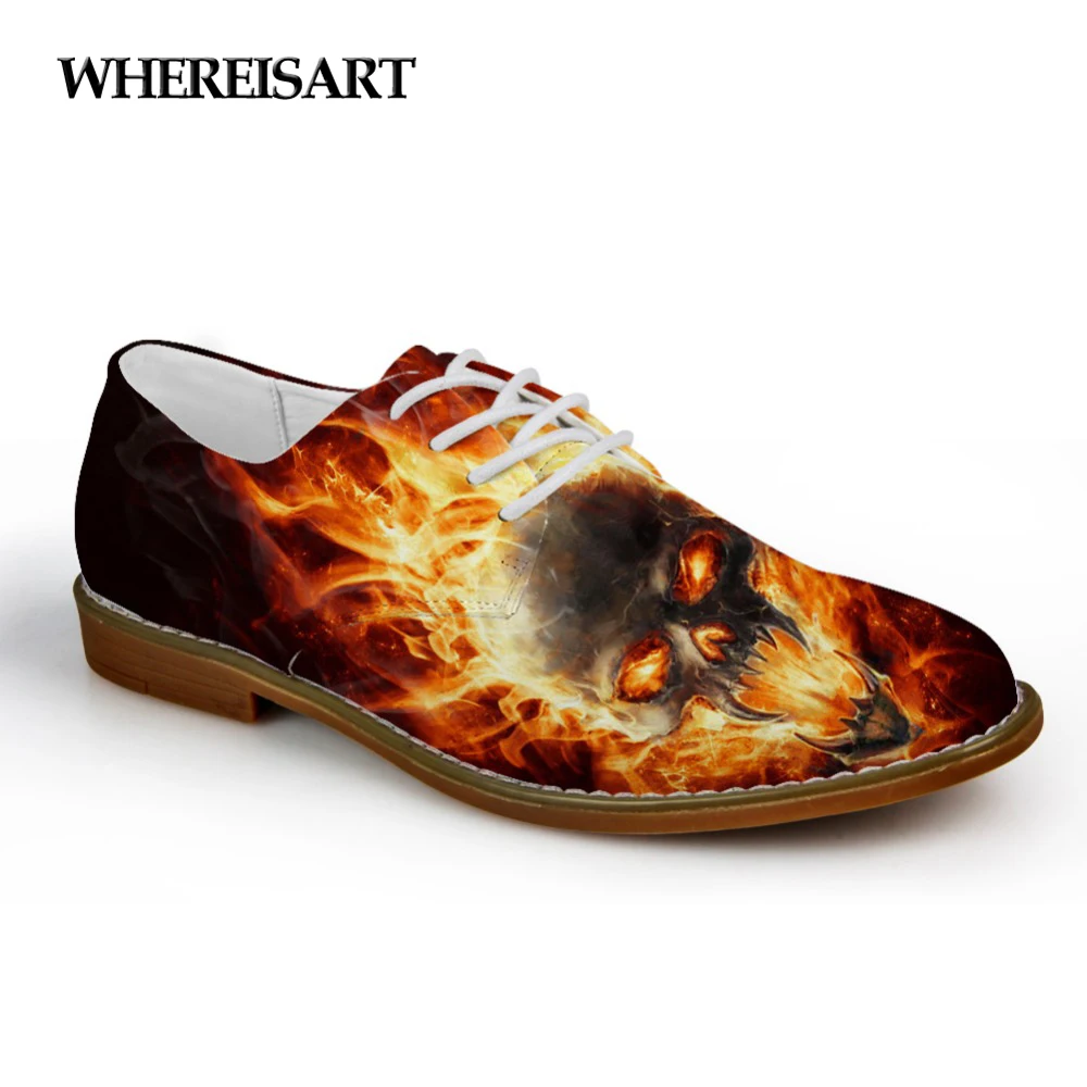 

WHEREISART Fashion Men's Casual Leather Shoes Cool Fire Skull Printed Lace-up Flats for Man Breathable Leisure Female Oxford