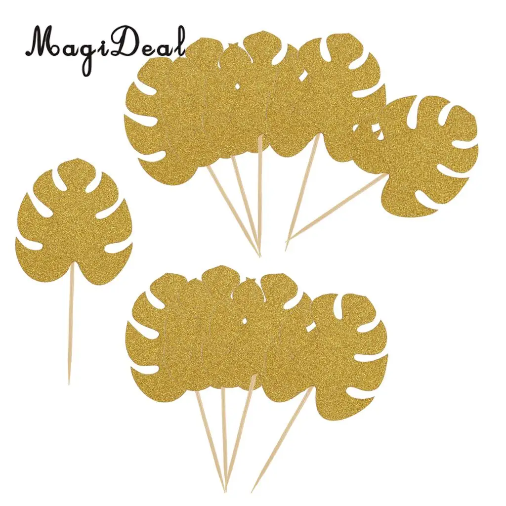 10pcs Hawaiian Glitter Paper Leaf Cupcake Pick Topper Party Decoration