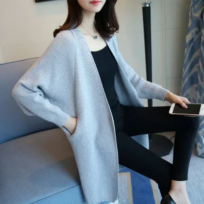 Women Long Cardigans Autumn Winter Stitch Poncho Knitting Sweater Female Over sized Shawl Cape Jacket Coat Trench Parkas - Цвет: gray