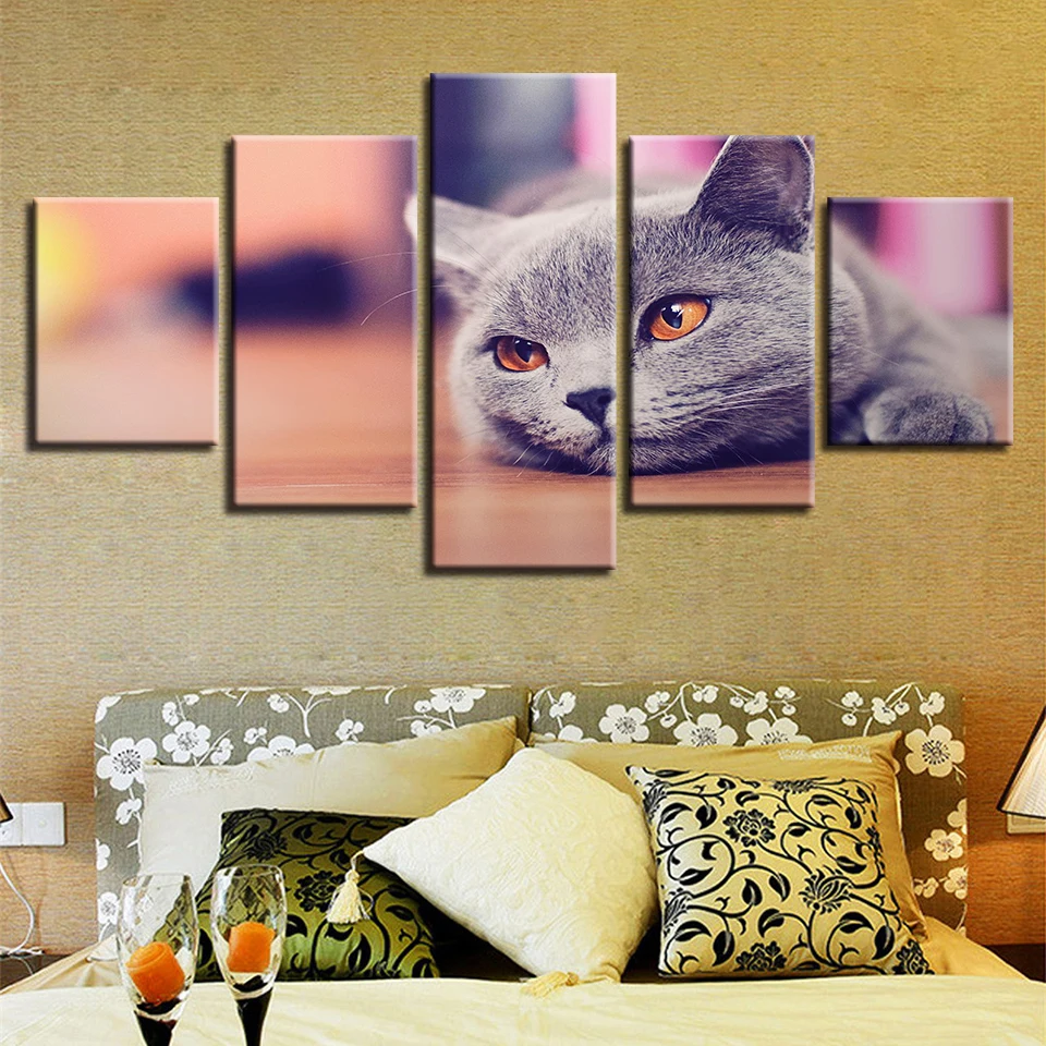 Canvas Paintings For Living Room Poster Framework 5 Panel Grey Cat Pictures Wall Art Animal Home Decor | Дом и сад