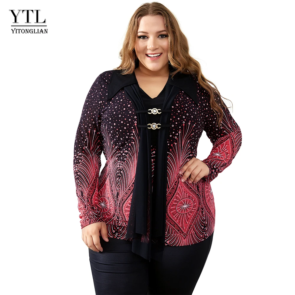 YTL Turn Down Collar Ladies Plus Size Shirt Flare Sleeve Print Blouses Women Big Sizes Winter Diamonds Brooch Vintage Tops H033 YTL Turn Down Collar Ladies Plus Size Shirt Flare Sleeve Print Blouses Women Big Sizes Winter Diamonds Brooch Vintage Tops H033