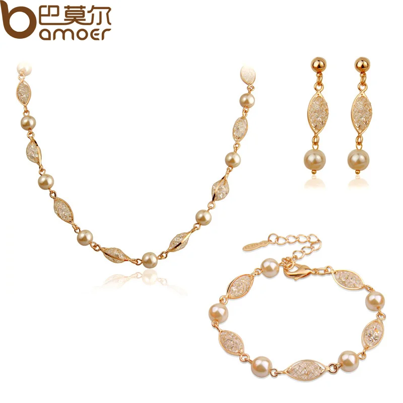 Luxury Pearl Wedding Jewelry Sets For Women Rose Gold Plated Zircon Crystal Necklace Bracelet Earrings font