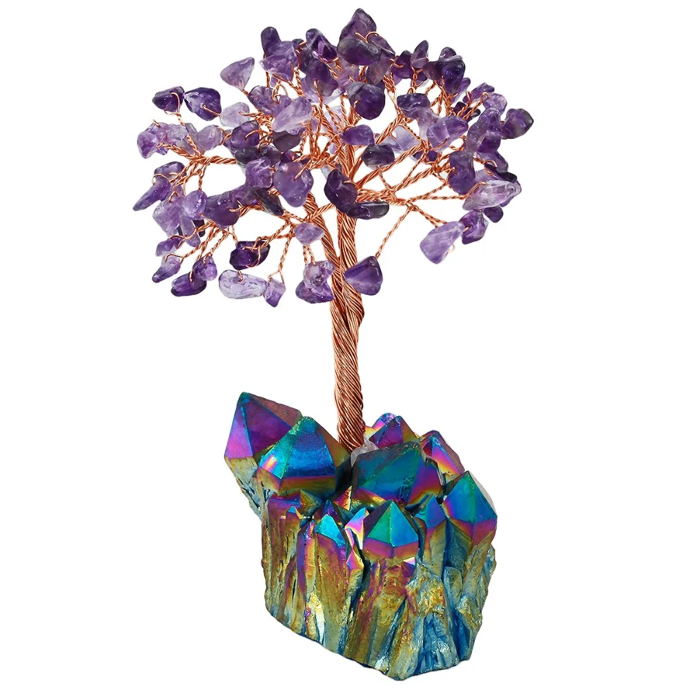 TUMBEELLUWA 4 дюймов натуральный аметист денежное дерево, Радуга аура титановый Кристалл кластерная основа фигурка бонсай для богатства и удачи