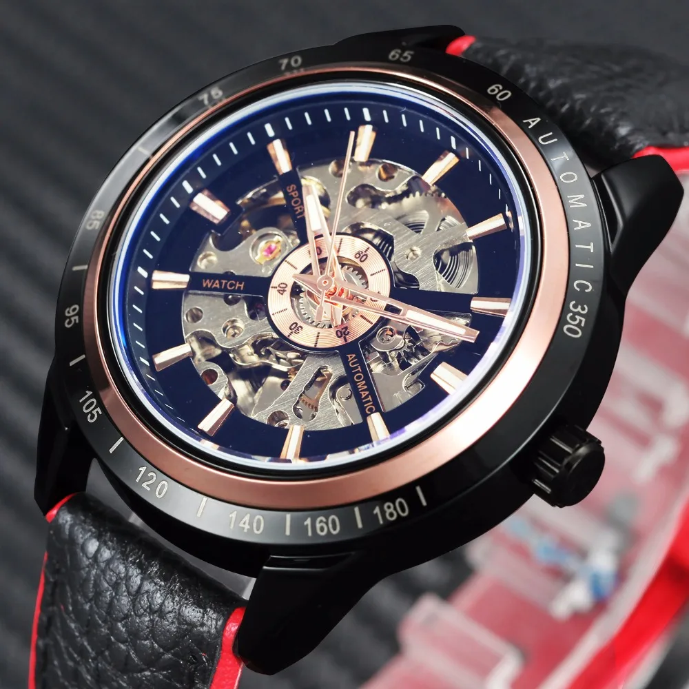

WINNER Mens Sports Design Genuine Leather Strap Skeleton Dial Men Automatic Watch Male Clock