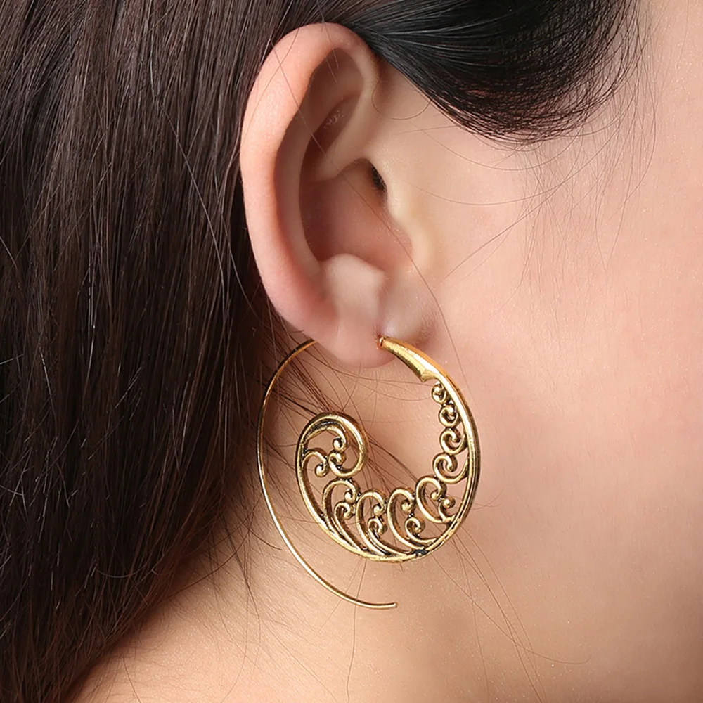 

1Pair Vintage Wavy Dangle Earrings Ethnic Round Spiral Brass Tribal Whirlpool Gear Drop Earrings For Women Earrings Jewelry