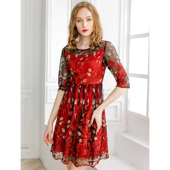 

Pink Red Embroidery Floral Print Midi Dress Women Half Sleeve Lolita Dresses Mesh Elegant Summer Short vestidos verano Sweet