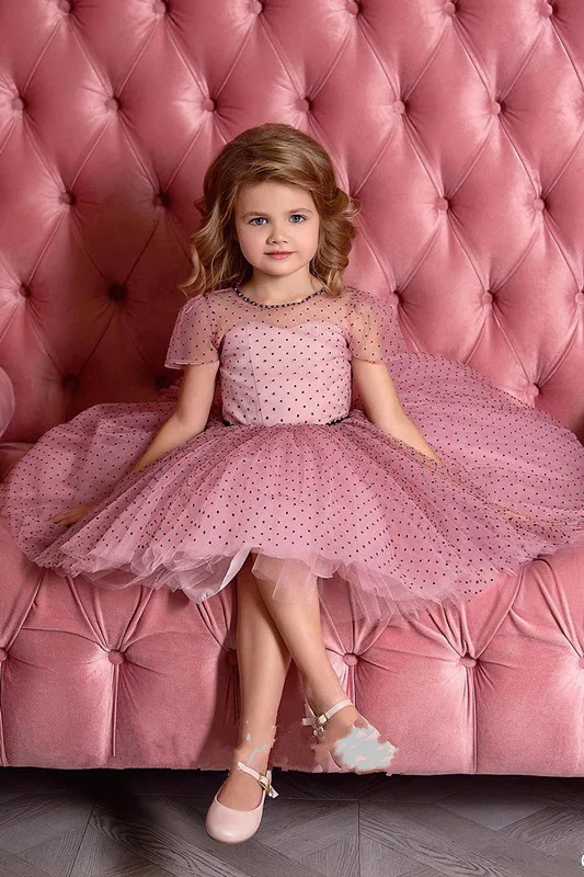 Cute Pink Little Girls Dresses Puffy Tulle Kids Birthday Gown Girls