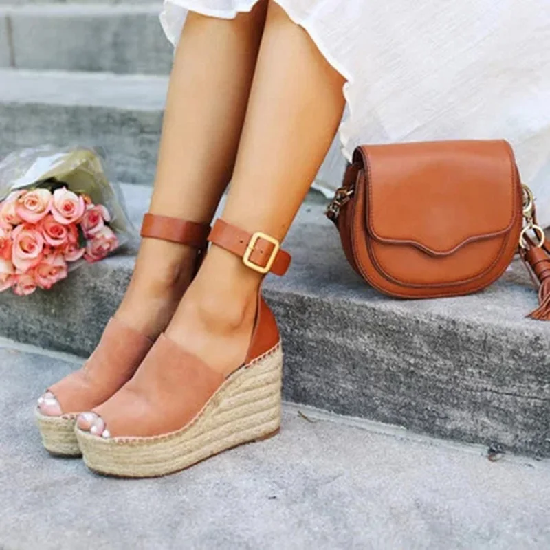 PUIMENTIUA الصيف 2019 منصة أسافين صندل كعب عالٍ النساء Sandalias الصيف أحذية العميق اصبع القدم أحذية رياضة قماشية عارضة الإناث صندل