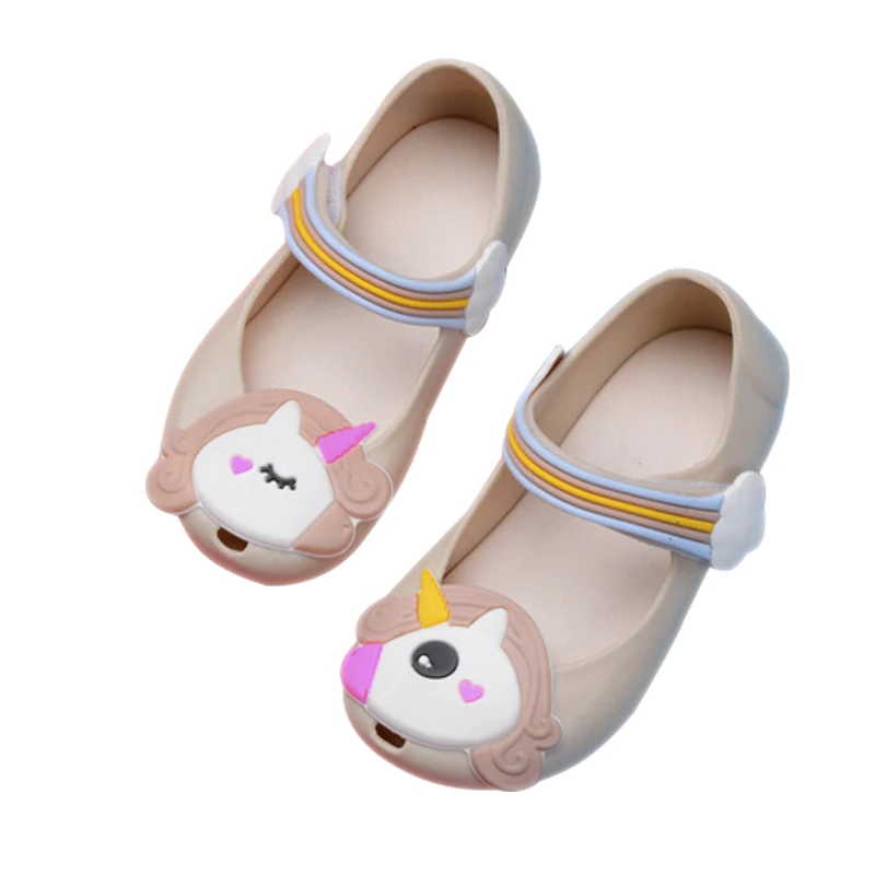

Kids Mini Princess Girls Sandals Anti-slip Jelly Shoes with Unicorn Pattern Decor & Nylon Tape Closure Soft Beach Sandals Shoes