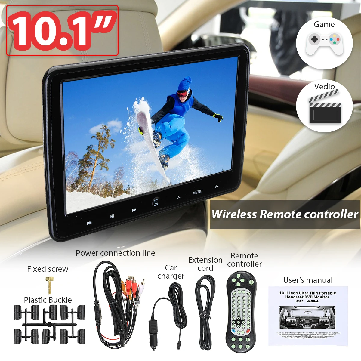 

2Pcs 1024*600 Car Headrest Monitor 10.1 Inch DVD Player USB/SD/HDMI/FM/Game TFT LCD Screen T ouch Button HD Digital LCD Screen