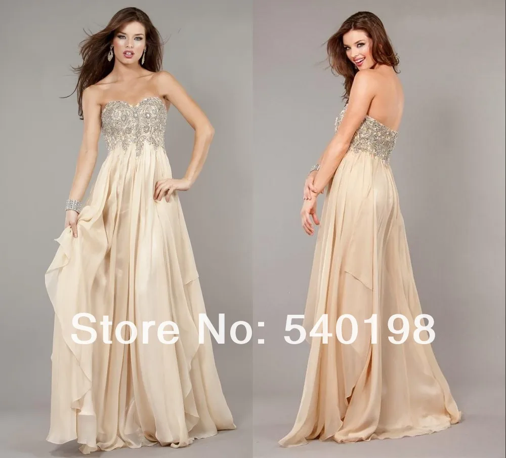 Dazzling A Line Sweetheart Beading Bodice Champagne Chiffon Long Evening Gown Prom Dresses in 