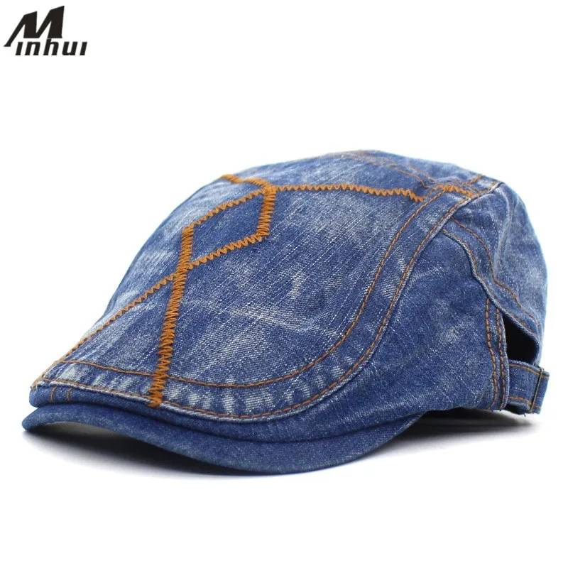 Minhui Embroidery Blue Black Denim Beret Cap Men Women Hats Classic Casquette Caps Casual Berets