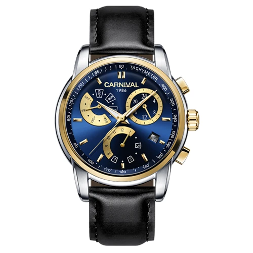 Карнавальные Роскошные брендовые автоматические механические часы мужские из натуральной кожи водонепроницаемые швейцарские мужские часы reloj hombre saati - Цвет: Gold blue C8800 Lea
