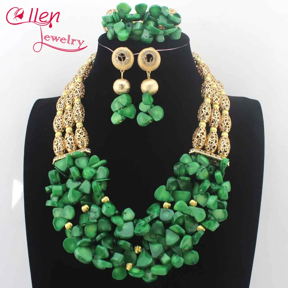 

New Arrival! Chunky Green Coral Bridal Jewelry Sets Gold Ball African Wedding Beads for Brides Free Shipping N0087