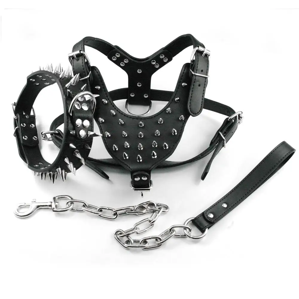 6 Color Leather Spriked Studded Dog Harness&Collar&Leash Set For Pitbull Bully 