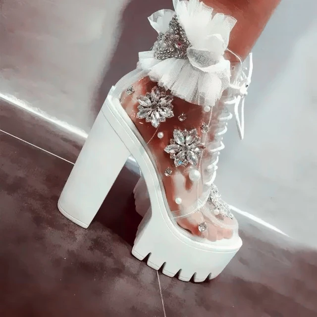 

Vinapobo Handmade Thick Heels Platform Women Autumn Boots Transparent Ankle Boots Women Lace Up Rhinestone Lace Flower Boots