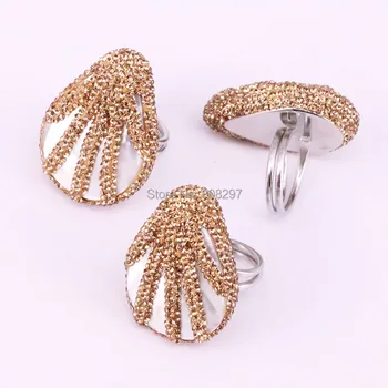 

New Design 5Pcs Natural white shell ring With Golden Rhinestone Crystal Paved adjustable Charm Rings for women