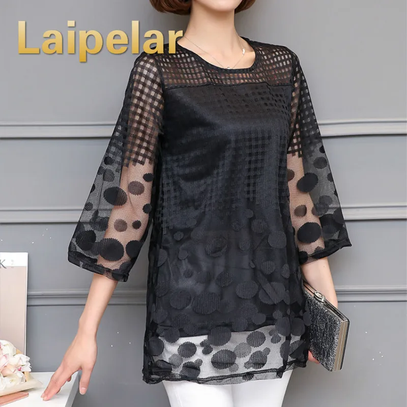 

Laipelar M-5XL Plus Size Womens Tops and Blouses Hollow Out Lace Blouse Women Tops Elegant Shirts Loose Mesh Shirt