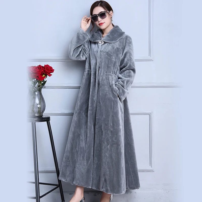 Nerazzurri Real fur coat X-Long Gray Skirt Sheep Shearing Fur Coat Thick Winter Sheep Sheared Overcoat Plus Size 5xl 6xl 7xl Nerazzurri Real fur coat X-Long Gray Skirt Sheep Shearing Fur Coat Thick Winter Sheep Sheared Overcoat Plus Size 5xl 6xl 7xl