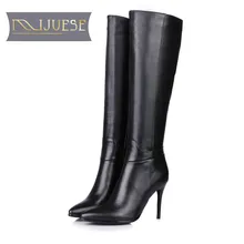 MLJUESE/; женские сапоги до колена; теплые зимние сапоги из коровьей кожи; высокие сапоги на высоком каблуке с коротким плюшем; Цвет Черный; Размеры 33-43