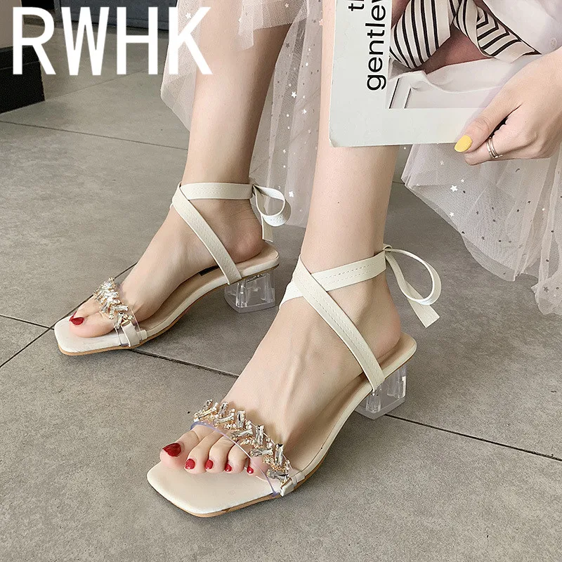 

RWHK Sandals female summer 2019 new winding cross straps thick with transparent square head crystal shoes female tide B221