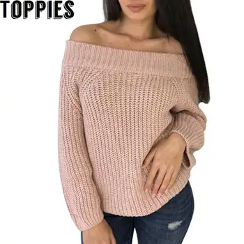 

2019 Winter Women Off Shoulder Long Sleeves Sweater Loose Sexy Knit Pullovers